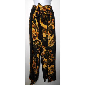 Faithfull The Brand Sz 6 Wrap Pants Black Orange Floral Palazzo Front Slits Pull
